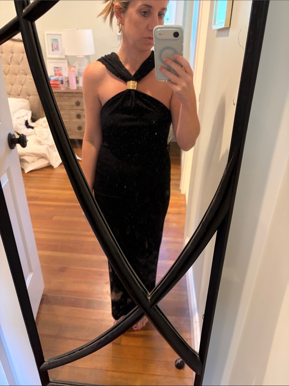 Zara Elegant Black Midi Dress with Gold Accent